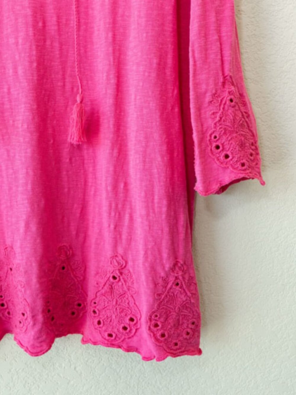 Talbots Pink Tassel Top XL Eyelet Hem Boho Cotton Tunic 3/4 Sleeve Peasant - Picture 6 of 13
